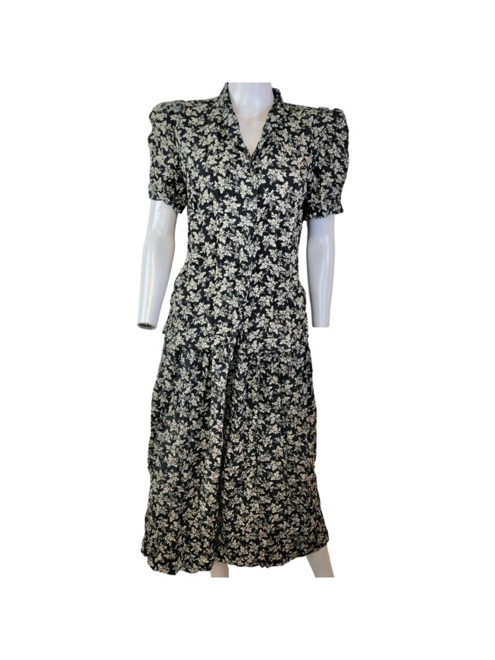 Vintage 80s Floral Set Women Medium Black Button Blouse Top Midi Skirt Formal 10